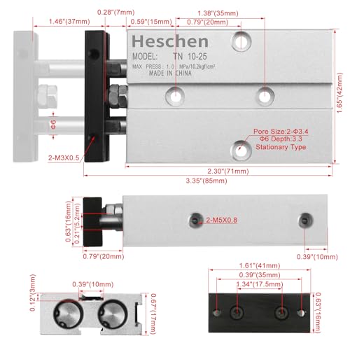 Heschen Double Rod Air Cylinder, TN10x25, 10mm Bore, 25mm Stroke, Double Acting Pneumatic Actuator with Magnetic Piston, 0.4° High Non-Rotation Precision for CNC, Robotics & Pick-and-Place Automation - size: 25mm Stroke