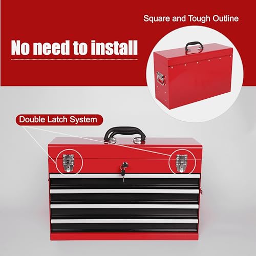 21-inch Portable Metal Tool Box with 4 Drawers, Steel Toolbox with Locking Lid, EVA-Lined Ball-Bearing Slides & Powder-Coated Finish, Top Tool Chest for Mechanic & Craftsman Use, Red + Black - color: Red + Black