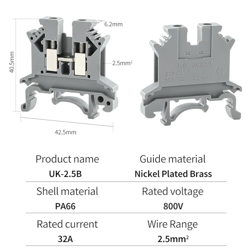 100PCS UK-2.5B Din Rail Wire Terminal Block - Application for 12-22 AWG 20A 600V Electrical Cabinets Distribution Box, Solar Power System, PLC Industrial Control Automation Panel DIY CNC RV - color: 100pcs Gray
