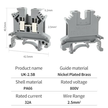 100PCS UK-2.5B Din Rail Wire Terminal Block - Application for 12-22 AWG 20A 600V Electrical Cabinets Distribution Box, Solar Power System, PLC Industrial Control Automation Panel DIY CNC RV - color: 100pcs Gray