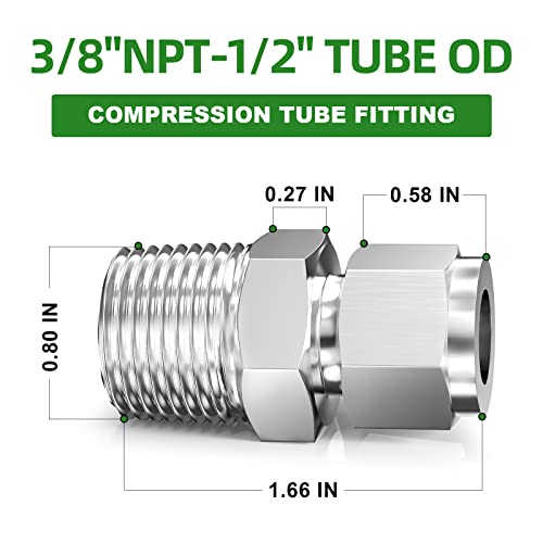 TAISHER 2PCS 304 Stainless Steel Compression Tube Pipe Fitting Connector, 3/8" Tube OD x 1/2" NPT Male Straight Adapter - size: 3/8" OD x 1/2" MNPT