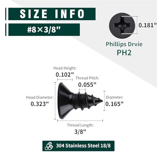 #8 x 3/8" Flat Head Phillips Sheet Metal Tek Screws, 304 Stainless Steel 18-8, Black Oxide Coated Finish, Corrosion Resistant Flat Head Wood Screws, 100 PCS - size: #8 x 3/8"
