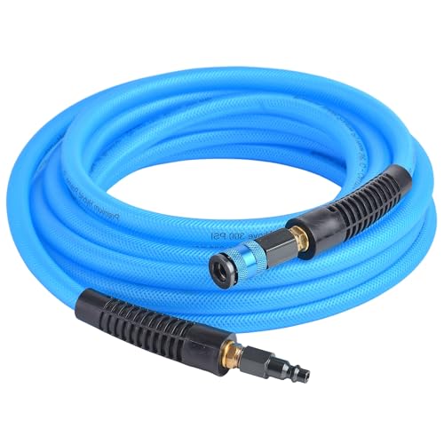 25FT 3/8 Inch Air Hose Reinforced Hybrid Polymer Polyurethane Air Compressor Hose - Flexible Heavy Duty Braided Pneumatic Hose with Quick Connect Fittings 300 PSI for Garage Automotive Use - size: 25FT