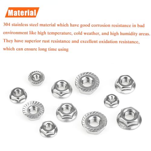 HELIFOUNER 80 Pieces 5 Sizes Flange Nuts, Serrated Flange Hex Lock Nuts Assortment Kit, 304 Stainless Steel (#6-32#8-32#10-24 1/4"-20 5/16"-18) - size: #6-32, #8-32, #10-24, 1/4"-20, 5/16"-18