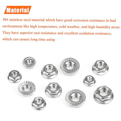 HELIFOUNER 80 Pieces 5 Sizes Flange Nuts, Serrated Flange Hex Lock Nuts Assortment Kit, 304 Stainless Steel (#6-32#8-32#10-24 1/4"-20 5/16"-18) - size: #6-32, #8-32, #10-24, 1/4"-20, 5/16"-18