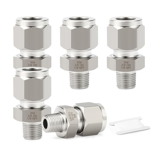 5PCS 304 Forging of Stainless Steel Compression Tube Pipe Fitting Connector, 3/8" Tube OD x 1/8" NPT Male Straight Adapter for fuel/air/liquid/oil/gas/vacuum pipelines