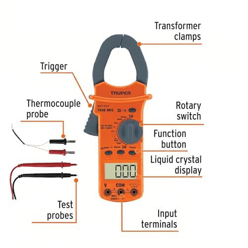 Truper Industrial Maintenance Digital Clamp Meter, Professional Multimeter with Hook Jaw, AC/DC Voltage, AC Current, Resistance, and Continuity Tester (Model 10404 / MUT-202)