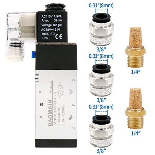 Baomain Pneumatic Solenoid Valve 4V310-10 AC 110V PT 3/8" 2 Position 5 Way Single Coil Pilot-Operated Electric Control with 3 Fitting and 2 muffler (AC 110V) - style: AC 110V