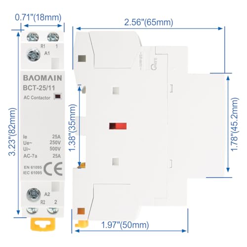 BAOMAIN 220V AC 2-Pole 25A Modular Contactor, 1NO1NC, DIN Rail Mount