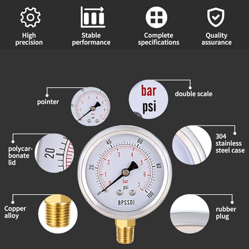0-100 Psi Low Pressure Gauge, 2.5" Dial Size, 1/4" NPT Lower Mount, 304 Stainless Steel Case, Water Pressure Gauge Test for Water Pump, Pneumatic Air, RV Hose(with Tape) - size: 0-100 psi, style: Lower Mount