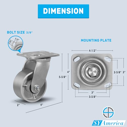 SY America 4" X 2" Cast Iron Caster Wheels,Heavy Duty Industrial Casters, Load Capacity 800 lbs,Perfect Toolbox Caster Wheels-1 Swivel - color: 1 Swivel, size: 4" Wheel