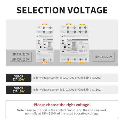 GEYA 2P 63A AC220V Automatic Transfer Switch,ATS Dual Power Auto Transfer Switch,Uninterruptible Millisecond-Level ATS,DIN Rail Mounting（G2R 2P 63A AC220V） - color: 2P-63A-AC220V