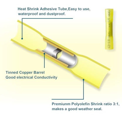60PCS Heat Shrink Butt Connectors, 12-10 AWG Yellow Wire Terminals - size: 12-10 AWG (60 pcs)