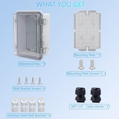 IP67 Waterproof Junction Box, ABS Plastic Electrical Enclosure with Stainless Steel Latch, Hinged Cover Electric Box with Mounting Plate, Wall Brackets & Cable Glands 175x125x90 - color: Clear, size: 6.9''x4.9''x3.5''