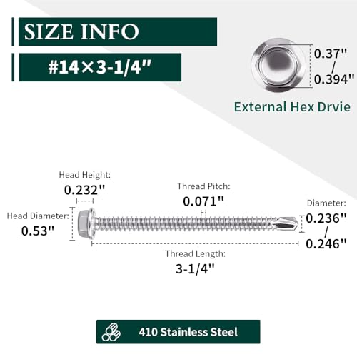 #14 x 3-1/4" (25 pcs) Hex Washer Head Self Drilling Screws, 410 Stainless Steel Metal Sheet Tek Screws, Self Tapping Point, No Pre-drilled Hole Needs - size: #14 x 3-1/4"