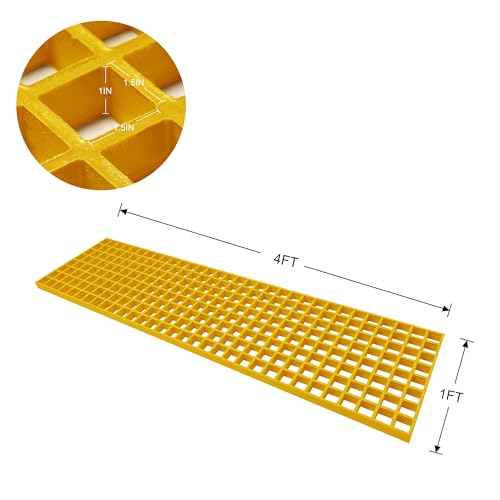 Agfabric 12x48x1in Molded Fiberglass Grating Cover Concave, Heavy Duty FRP Cover for Farm, Trench Drain, Driveway Patio Drain Channel, Wearproof, Rustless, Prevent Debris, Yellow, 1 Pack - color: Yellow, size: 1ftx4ft x 1in