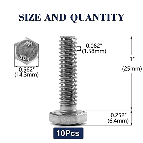 3/8-16 x 1 Hex Head Screw Bolt, 10Pcs 18-8 (304) Stainless Steel, Fully Threaded, Plain Finish, by SG TZH - size: 3/8-16 x 1"