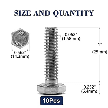 3/8-16 x 1 Hex Head Screw Bolt, 10Pcs 18-8 (304) Stainless Steel, Fully Threaded, Plain Finish, by SG TZH - size: 3/8-16 x 1"