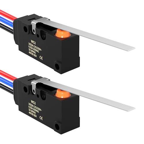 Joinfworld Waterproof Micro Limit Switch with Long Straight Hinge Lever SPDT 3 PIN 10A 125 250V Micorswitch with Pre-Wired for Arduino, Appliance and Electronic - 2Pack - style: WS2-Hinge Lever