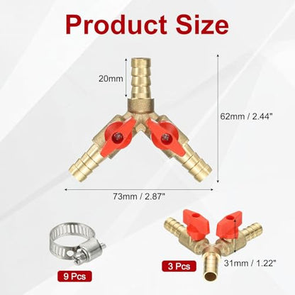 PATIKIL 3 Way Shut Off Ball Valve, 2/5" Y Shaped 3 Way Brass Garden Hose Barb Splitter Line Sprayer Parts Coolant Hose Valve Fitting with 2 Red Switch for Gas Fuel Oxygen, 3 Set - color: Red, size: 2/5"