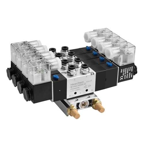 Heschen Electrical Pneumatic 4 Solenoid Valve, 4V230C-08, 24VDC, PT1/4, 5 Way 3 Position, Manifold Base, Muffler, Quick Fittings Set, CE