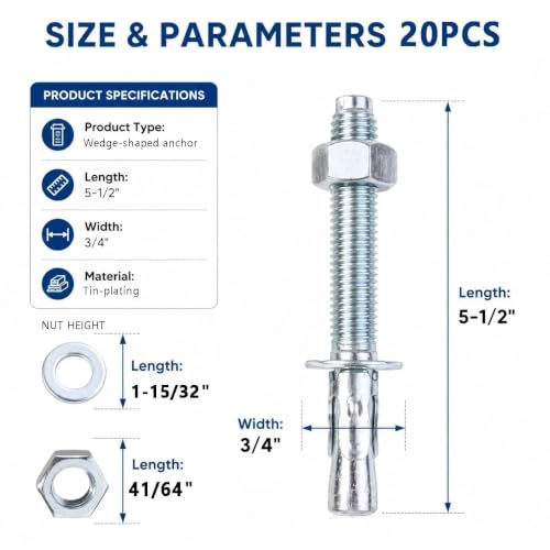 20 Pcs 3/4" x5-1/2 Concrete Wedge Anchors Zinc Plated Heavy Duty