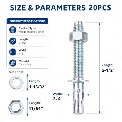 20 Pcs 3/4" x5-1/2 Concrete Wedge Anchors Zinc Plated Heavy Duty