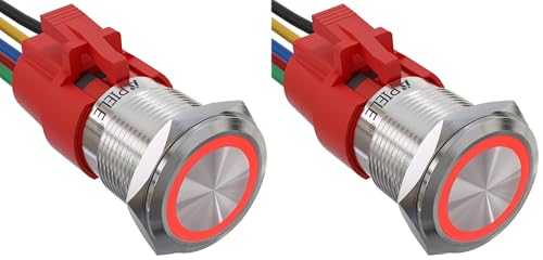 APIELE 19mm Latching Push Button Switch 12V DC Angel Eye Halo Ring LED Metal 0.74" 1NO1NC SPDT with Wire Socket Plug (RED) (Pack of 2) - color: Silver Shell-Red, size: Silver Shell (Pack of 2)