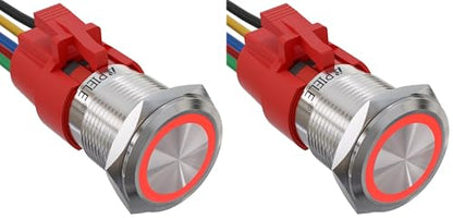 APIELE 19mm Latching Push Button Switch 12V DC Angel Eye Halo Ring LED Metal 0.74" 1NO1NC SPDT with Wire Socket Plug (RED) (Pack of 2) - color: Silver Shell-Red, size: Silver Shell (Pack of 2)