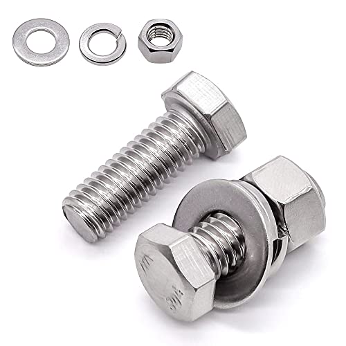 8 Sets Glvaner 3/8-16 x 1/2" Stainless Steel Hex Head Screws Bolts, Nuts, Flat & Lock Washers, 18-8 (304) Stainless Steel, Full Thread, Coarse Thread - size: 3/8-16 x 1/2"