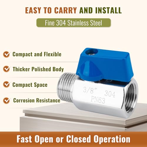 2 Pack 3/8" Mini Ball Valve, 304 Stainless Steel Valve NPT Female x Male Thread Shut-Off Valves for Small Compact Space (2, 3/8 Inch) - size: 3/8 Inch