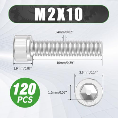 120 Pcs M2 x 10mm Button Head Socket Cap Screws - 304 Stainless Steel - size: M2x10