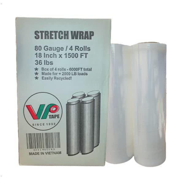 18" Stretch Film/Wrap 1500 feet 80 Gauge Industrial, Clear Packing Moving Packaging Heavy Duty Shrink Film Box of 4 (4 Rolls)- Wrap Holder Included - size: 4 Rolls