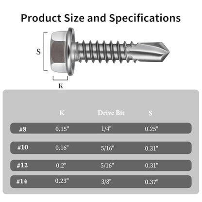 Self Drilling Screws for Metal,#12 x 1-1/4" (80Pcs),Hex Washer Head 410 Stainless Steel,Self Tapping - size: #12 x 1-1/4''
