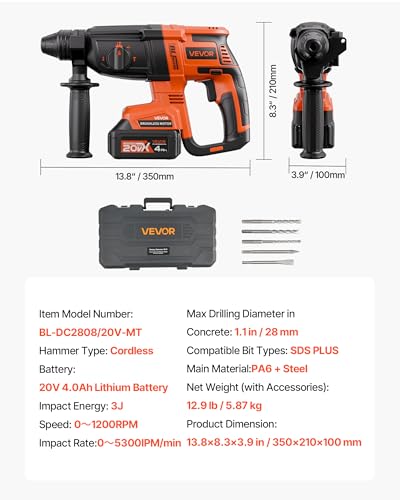 VEVOR 1-1/8" SDS-Plus Rotary Hammer Drill, 20V Brushless Cordless SDS Hammer Drills, 4.0Ah Lithium-Ion Battery Powered, 3.0A Fast Charger, 4 Modes, Rotomartillo for Concrete,1200 RPM, 5300 BPM - size: 1-1/8 in