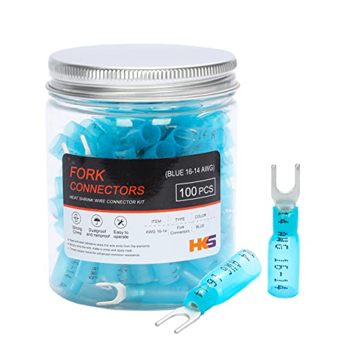 HKS 100PCS Fork Connector #8 Blue 16-14 Gauge - Heat Shrink Spade Fork Wire Connectors Kit - Tinned Red Copper - Automotive Marine Crimp Connectors - Waterproof and Insulated Terminals - color: Blue 16-14 Gauge, size: #8