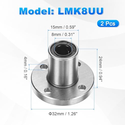 PATIKIL LMK8UU Linear Ball Bearings 8mm Bore Dia 15mm OD 24mm Length 4mm Hole, 2Pcs Round Flange Linear Motion Bushing Double Side Rubber Sealed Rod Liner Shaft for CNC Machine 3D Printer - size: 8mm