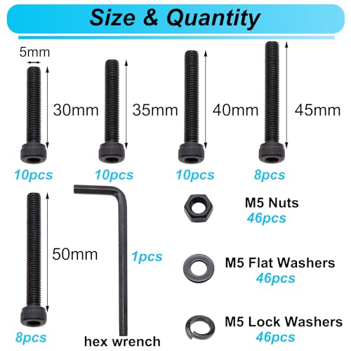 185PCS Black M5 Hex Socket Head Cap Screws, M5 x 30/35/40/45/50mm Metric Screws Bolts Nuts Washers Assortment Kit with Hex Wrench, 12.9 Grade Alloy Steel - color: BK-M5 x 30-50mm/