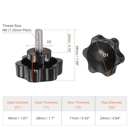 HARFINGTON 2pcs Star Knobs M8 x 20mm 304 Stainless Steel Threaded Stud 46mm Plastic 6-Star Head Hand Tightening Thumb Screw Clamping Jig Knob Handle, Black - size: M8 x 20mm x 46mm