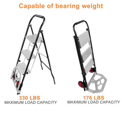NUNET 2-in-1 Hand Truck Step Ladder - Foldable Dolly Cart 330lbs