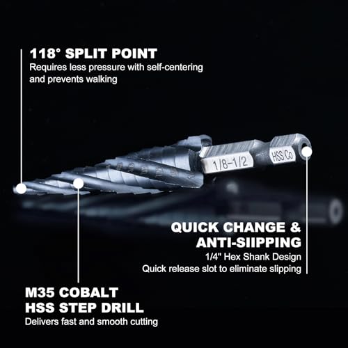 GRENPRO M35 Cobalt Step Drill Bit, 1/8"-1/2", TiAlN, 1/4" Hex Shank - size: 1/8"-1/2"