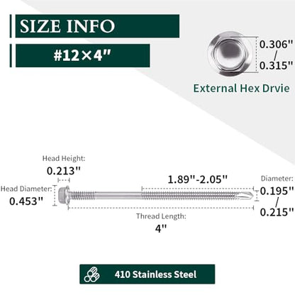 #12 x 4 (25 pcs) Hex Washer Head Self Drilling Screws, 410 Stainless Steel Metal Sheet Tek Screws, Self Tapping Point, No Pre-drilled Hole Needs - size: #12 x 4"