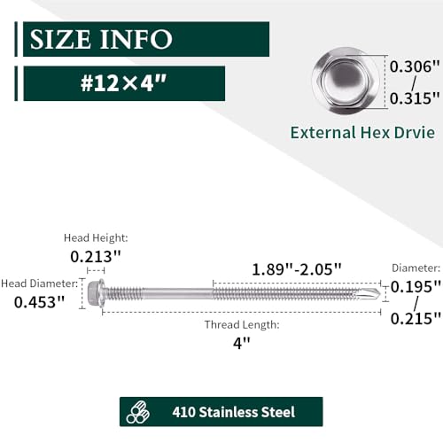 #12 x 4 (25 pcs) Hex Washer Head Self Drilling Screws, 410 Stainless Steel Metal Sheet Tek Screws, Self Tapping Point, No Pre-drilled Hole Needs - size: #12 x 4"