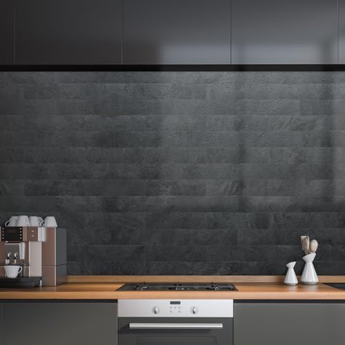 AULIGET 40-Piece Black Slate Peel and Stick Backsplash Wall Tiles, 3" x 12" PVC Faux Stone Stick on Tiles for Backsplash Kitchen, Bathroom, Laundry Room, Camper, Fireplace - color: Black Slate, size: 40 Pieces, 3"x12"x0.12"