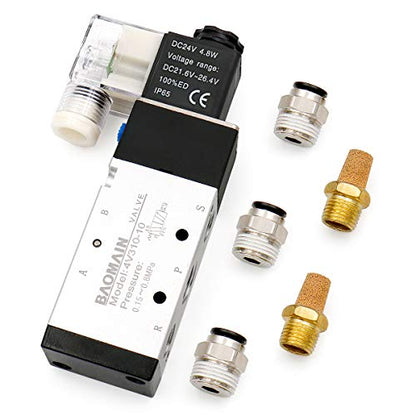 Baomain Pneumatic Solenoid Valve 4V310-10 DC 24V PT 3/8" 2 Position 5 Way Single Coil Pilot-Operated Electric Control with 3 Fitting and 2 muffler (DC 24V) - style: DC 24V