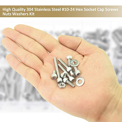 142 Pieces #10-24 x 1/4", 5/16", 3/8", 1/2", 5/8", 3/4", 1", 1-1/4", Hex Socket Head Cap Screws Nuts Washers Assortment Kit, 304 Stainless Steel, Fully Machine Thread - size: #10-24, style: Socket Head