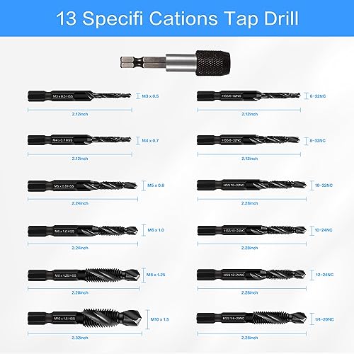 Drill & Tap Bits Set of 13 pcs - 6 SAE Sizes: 6-32NC to 1/4-20NC, 6 Metric Sizes: M3 to M10 and a Quick-Change Adapter – Combine Drilling Tapping Threading Countersinking Functions in One Bit, Black - size: 13 Pcs Tap Set