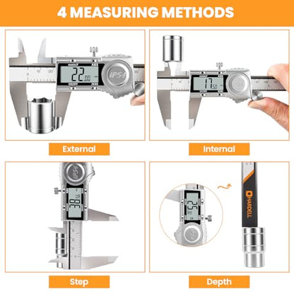 HARDELL Digital Caliper, IP54 Calipers with ABS Function, All-Metal Digital Micrometer Auto-Off, 6 Inch Micrometer Caliper Digital, Inch/MM/Fraction for 3D Printing & DIY (2 Spare Batteries)