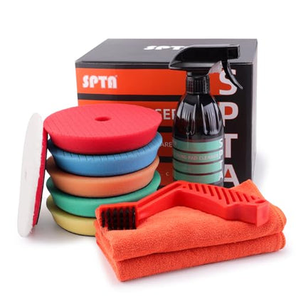 SPTA 10 Pcs Detailing Set,5Pc Buffing Polishing Pads,1 Microfiber Finish Pad,1-16 oz Cleaner,1 Conditioning Brush,2-16"16" Microfiber Towel for Dual Action & Rotary Polishers,5inch (125mm) (Pack of 6) - size: 5inch (125mm) (Pack of 6)