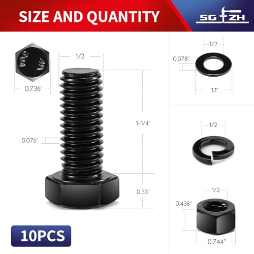 1/2-13 x 1-1/4" Hex Head Screw Bolt, Nuts, Flat & Lock Washers, 10Pcs 18-8 (304) Stainless Steel, Fully Threaded, Black Oxide by SG TZH - size: 1/2-13 x 1-1/4"